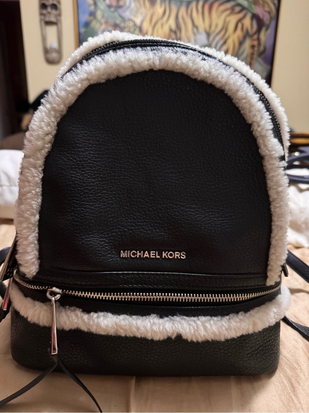 Michael Kors Black Backpack with Cream Faux-Shearling Trim